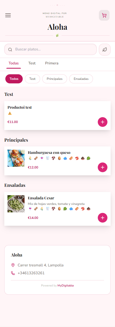 Carta digital pública en el móvil del cliente