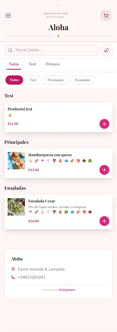 Carta digital pública en el móvil del cliente