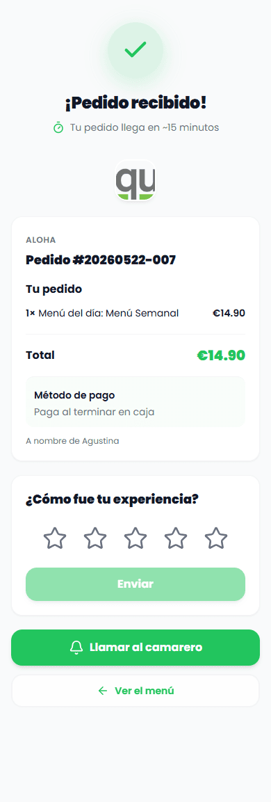 Pantalla de pedido confirmado