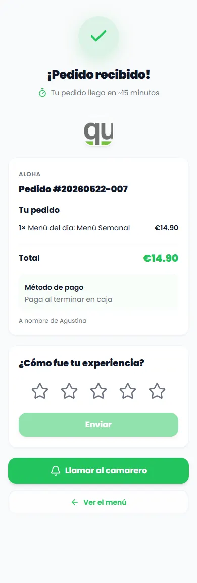 Pantalla de pedido confirmado